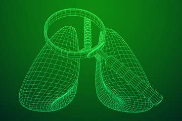Lungs with trachea bronchi internal organ human with magnifying glass. Pulmonology medicine science analysis concept. Wireframe low poly mesh vector illustration