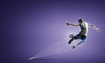 Soccer player in jump. Mixed media