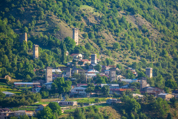 Fototapeta na wymiar Areal view of beautiful old village Mestia with its Svan Towers. Georgia.