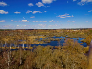 Fototapeta na wymiar Spring flood on the river near the village from a bird's eye view.