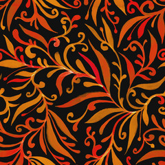 Watercolor red orange seamless pattern on a black background, curls, flowing lines, elegant print. Design for wallpaper, fabric, textile, packaging, wedding design. Vintage art, folk painting.