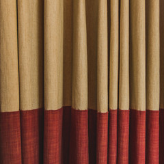 Textured fabric background. Old linen curtain natural beige color with burgundy stripe, country style.