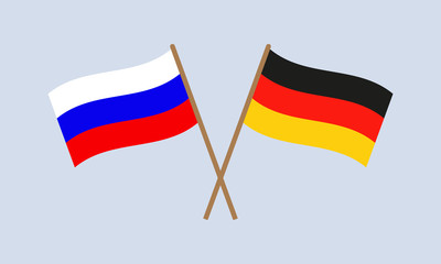 Russia and Germany crossed flags on stick. Russian and German national symbol. Vector illustration.