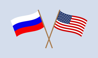 Russia and USA crossed flags on stick. Russian and American national symbols. Vector illustration.