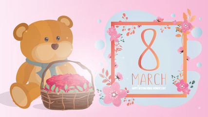 March 8 banner, postcard. Congratulations on International Women's Day! Teddy bear with a basket of roses. Illustrations can be used in brochures, postcards, advertisements, banners. Vector 