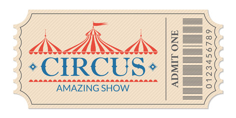 Circus ticket. Amazing show. Retro card with carnival tent or marquee. Admit one coupon. Vector illustration.