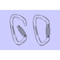 carbine with line art or line drawing style. tool for climbing, hike, single rope. hike, hiker, climber, slope, rope, ascend,