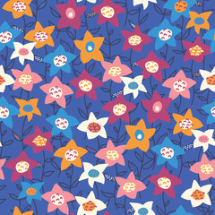 Hand drawn vector flower field orange purple white blue pattern. Seamless floral background. Summer or spring nature design. Use for fabric, kids wear, wrapping, surface pattern decor