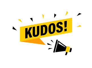 Male hand holding megaphone with Kudos speech bubble. Loudspeaker. Banner for business, marketing and advertising. Vector illustration.