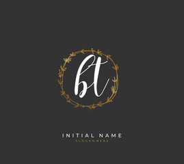 Handwritten initial letter B T BT for identity and logo. Vector logo template with handwriting and signature style.