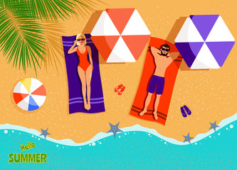Summer Concept - Couple on the beach top view. Man and Woman sunbathing on beach. vector