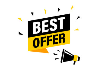 Male hand holding megaphone with best offer speech bubble. Loudspeaker. Banner for business, marketing and advertising. Vector illustration.