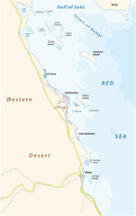 Map of the region around the Egyptian coastal city of Hurghada on the Red Sea