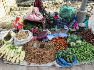 Vegetables for sale on the ground of a street market in Kathmandu, Nepal