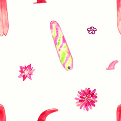 Pink, red and green classical surfboards, fins and flowers in a seamless pattern. Hand drawn watercolour surfing design (isolated on white background)
