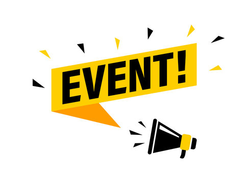 Male hand holding megaphone with event speech bubble. Loudspeaker. Banner for business, marketing and advertising. Vector illustration.