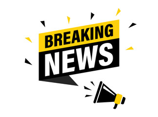 Male hand holding megaphone with Breaking news speech bubble. Loudspeaker. Banner for business, marketing and advertising. Vector illustration.