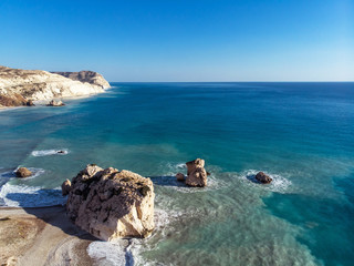 Aerial view of Aphrodita's beach, Cyprus. Drone photography from above