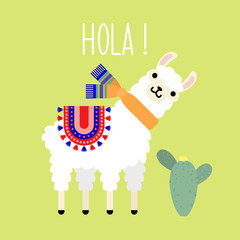 Cute cartoon llama alpaca with cactus vector graphic design. Llama character illustration for nursery design, poster, greeting, birthday card, baby shower design and party decor © laiby