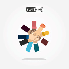Young people putting their hands together. Friends with stack of hands showing unity and teamwork, top view. Vector flat illustration.
