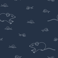 Vector Garden Residents on Navy Blue Line art seamless pattern background.