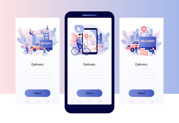 Online delivery service concept. Order tracking. Tiny people are couriers and customers. Screen template for mobile smart phone. Modern flat cartoon style. Vector illustration on white background