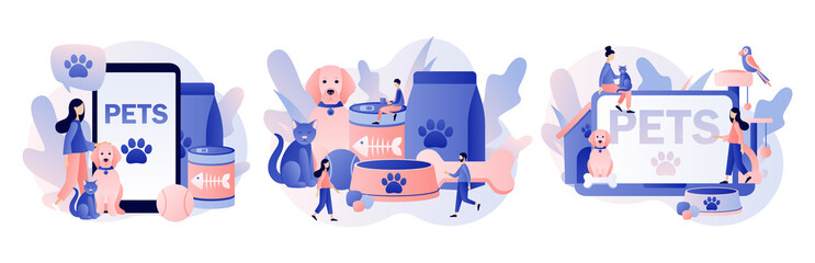 Pets care. Pet shop. Tiny people and Pets Concept. Modern flat cartoon style. Vector illustration on white background