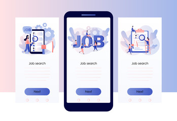 Job hiring and job search concept. Headhunting. Tiny people interviewed for job. Screen template for mobile smart phone. Modern flat cartoon style. Vector illustration on white background