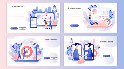 Fototapeta premium Online business concept. Tiny people conclusion of the transaction. Screen template for mobile smart phone, landing page, template,ui,web, mobile app, poster, banner, flyer. Modern flat cartoon vector