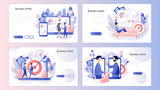 Online business concept. Tiny people conclusion of the transaction. Screen template for mobile smart phone, landing page, template,ui,web, mobile app, poster, banner, flyer. Modern flat cartoon vector