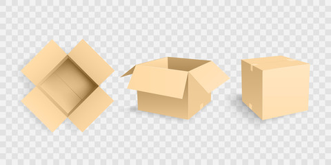 Three Yellow Opened Cardboard Box Mockup Vector Illustration Isolated on White Background