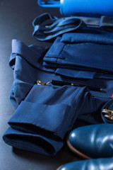 Classic set men clothes blue suit, shoes, belt
