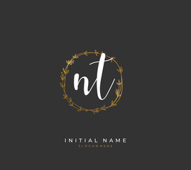 Handwritten initial letter N T NT for identity and logo. Vector logo template with handwriting and signature style.