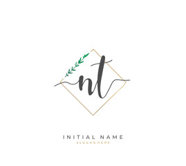 Handwritten initial letter N T NT for identity and logo. Vector logo template with handwriting and signature style.