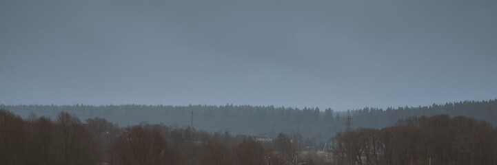 Banner of nature background with copyspace. Wallpaper pattern. Dark scary park with gray clouds. Landscape misty panorama. Stock photo