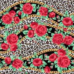 Fashion trendy seamless pattern with rose flowers, gold chains and leopard skin on black background - 313602755