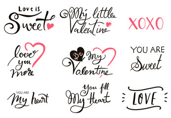 Happy Valentine’s Day typography background with heart.The wording are my little valentine, you are sweet,love you more,xoxo