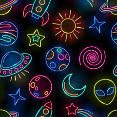 Seamless space neon lamps pattern. Glowing rocket, planets, alien, sun, moon, comet and stars on black background