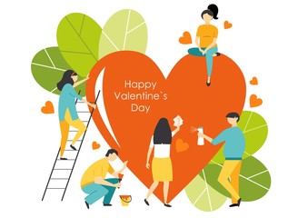 Happy Valentine's Day. People and heart in flat style. Clean love. 14 February