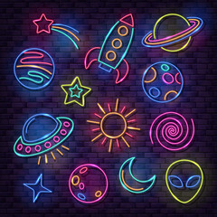 Set of space neon lamp icons. Glowing rocket, planets, alien, sun, moon, comet and stars on brick wall background - 313603172