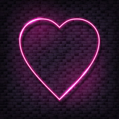 Love illustration with brick wall and pink neon heart lamp. Glowing bulb background for Valentine’s day