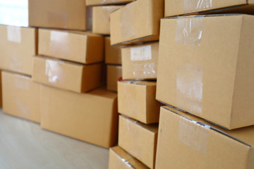 brown box post package many size preparing express delivery for consumer order in home office of freelance work online