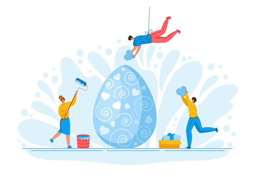 Easter Day - Miniature People Decorate Giant Easter Eggs, Tiny Man And Woman With Macro Spring Holiday Objects, Teamwork Concept, Ideal For Banner, Website, Cards - Vector Flat Or Handdrawn Characters