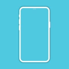 White Phone Mockup with blank screen, isolated on Blue background. Smartphone with shadow vector icon. New version of soft clean white mobile phone. Vector