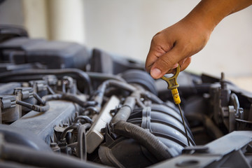 Mechanic repairing car, mechanic checking level car motor oil with open hood.