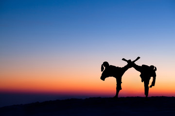 Fototapeta na wymiar Silhouettes of fighters fight at sunset