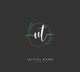 Handwritten initial letter U T UT for identity and logo. Vector logo template with handwriting and signature style.