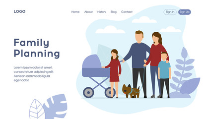 Family Planning Cartoon Landing Page Template. Common Joint Vacation Scheduling Online. Vector Parents with Baby in Stroller and Children Walking Flat Illustration. Happy Parenting and Childhood