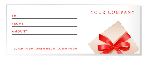 Luxury gift voucher template, gift box with ribbon and place for text. Elegant template for holiday gift card, coupon and certificate. Flat style. Vector illustration