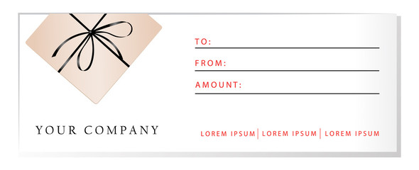 Luxury gift voucher template, gift box with ribbon and place for text. Elegant template for holiday gift card, coupon and certificate. Flat style. Vector illustration
